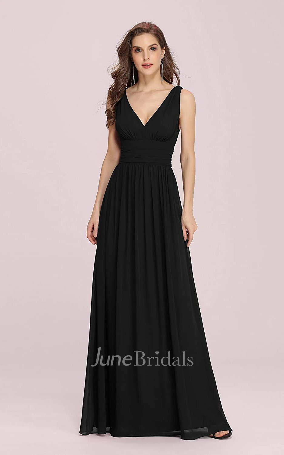 A Line V-neck Chiffon Sleeveless Evening Dress With Ruffles