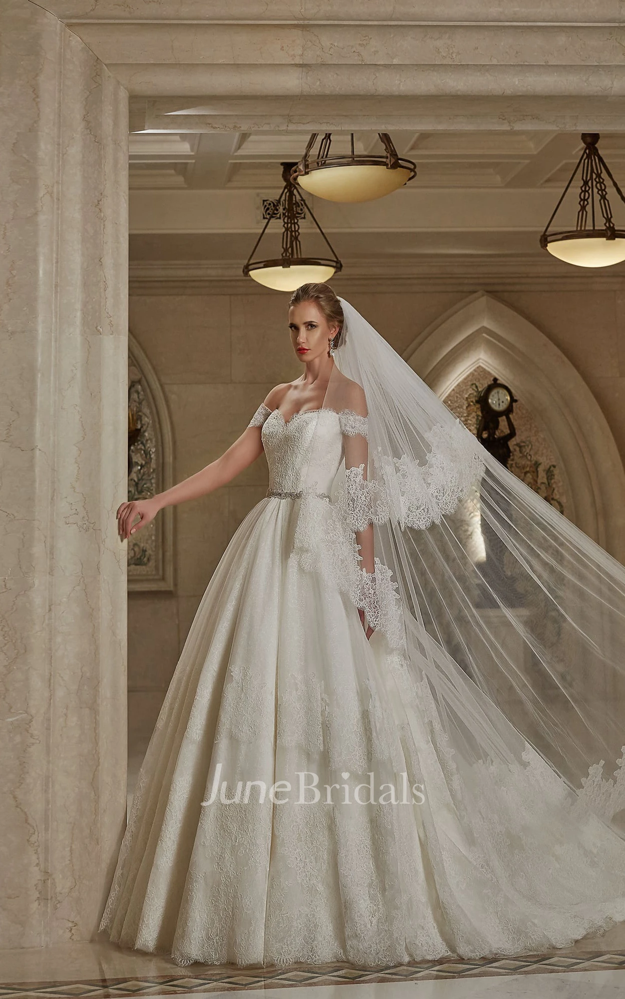 A-line Off-the-shoulder Sweetheart V Back Lace Dress With Crystal Detailing 