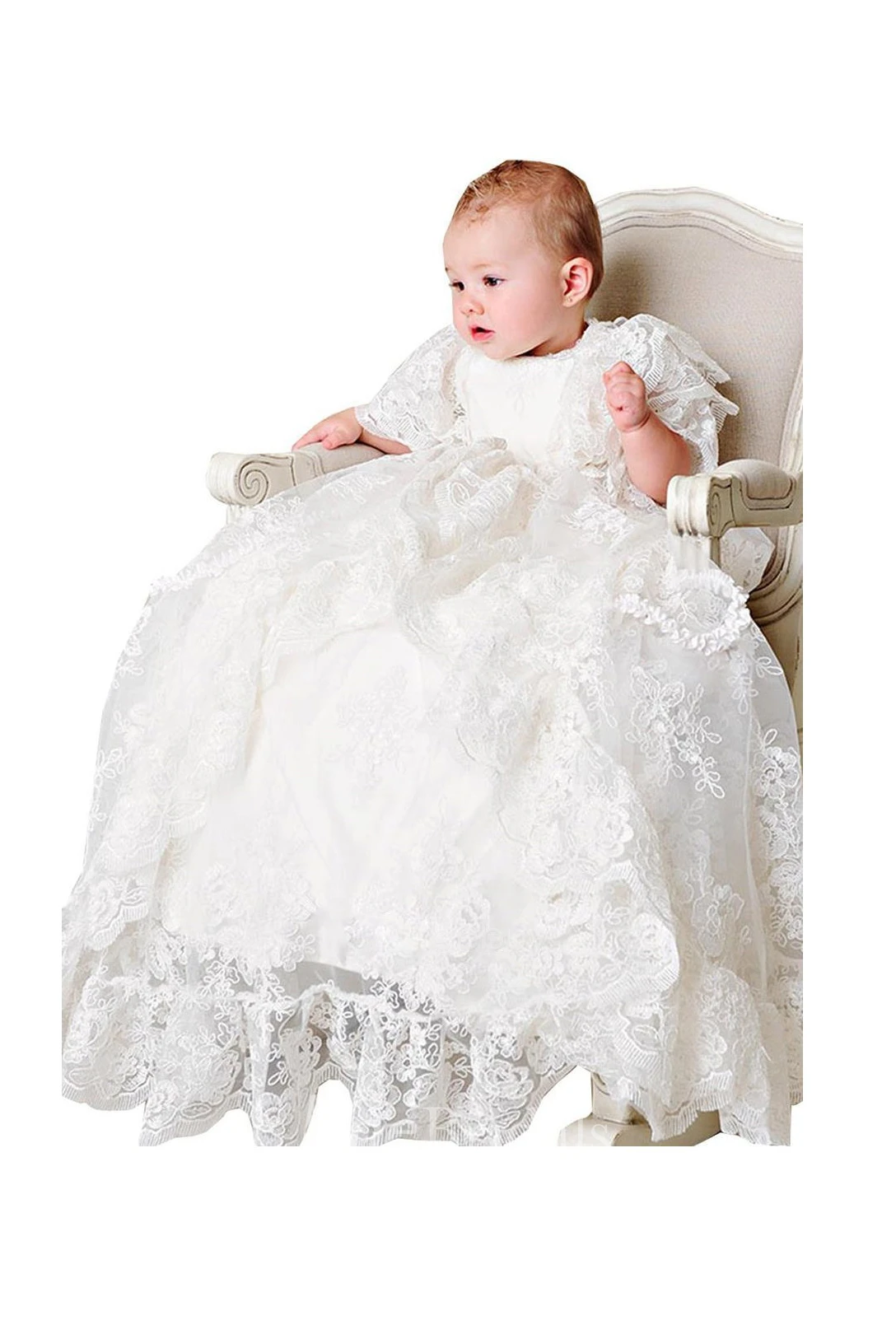 Fancy ALL Lace Christening Dress With Layered Sleeves