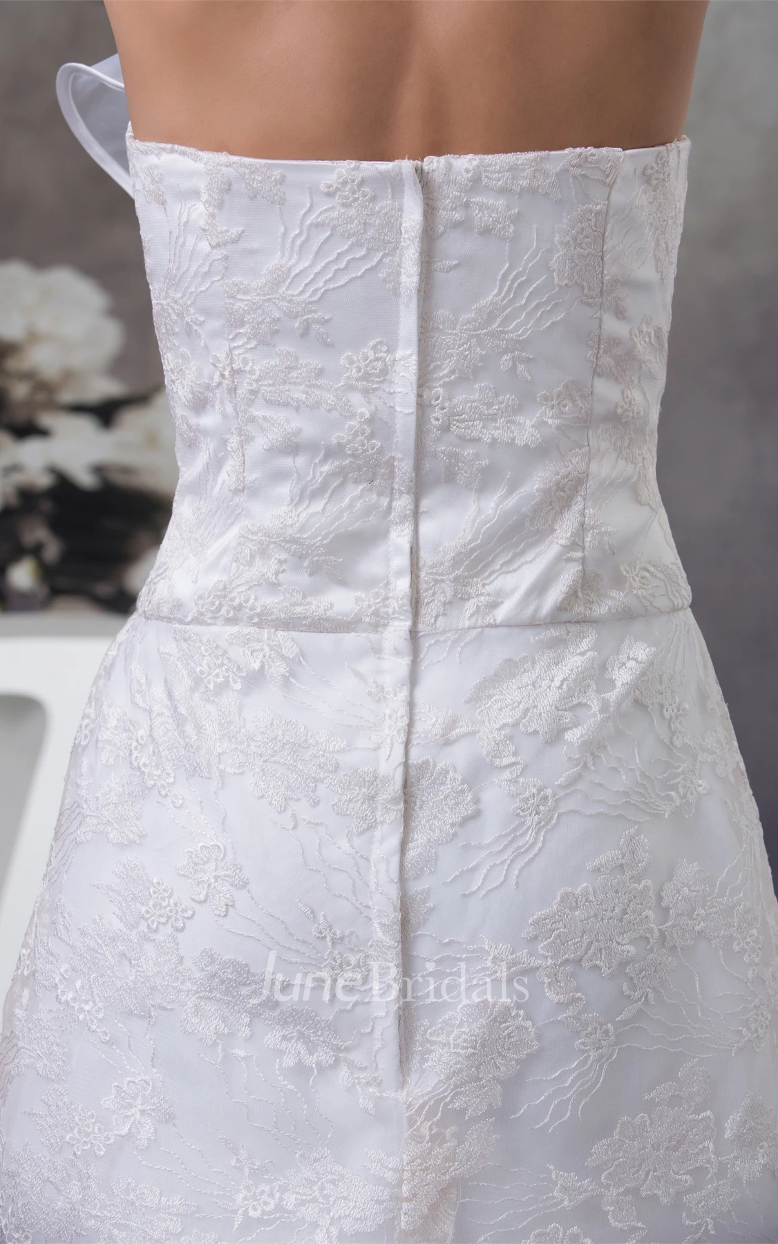 Strapless Ruched A-Line Gown with Appliques and Flower