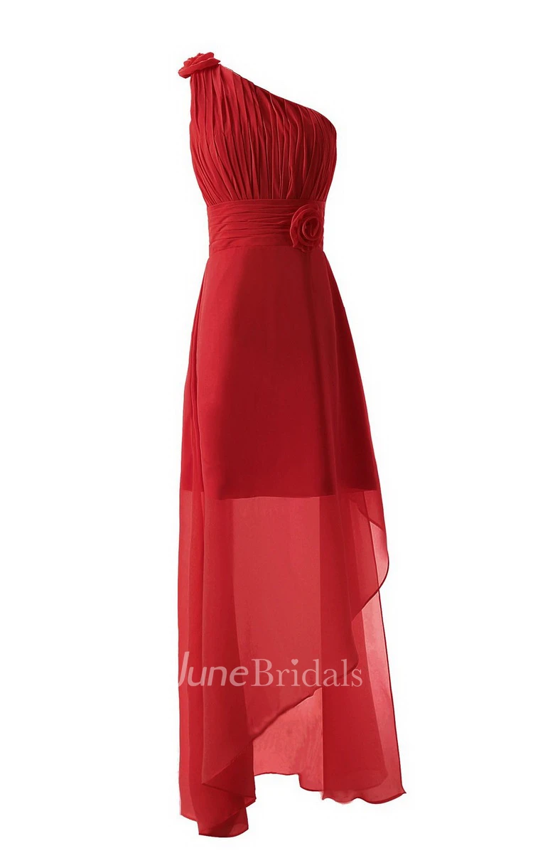 Asymmetrical One-shoulder Pleated Chiffon A-line Dress With Flowers