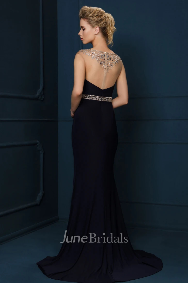 Cap Sleeve Jewel Neck Beaded Jersey Evening Dress