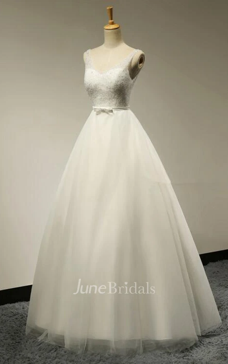 V-neck A-line Tulle Wedding Dress With Beaded Bodice