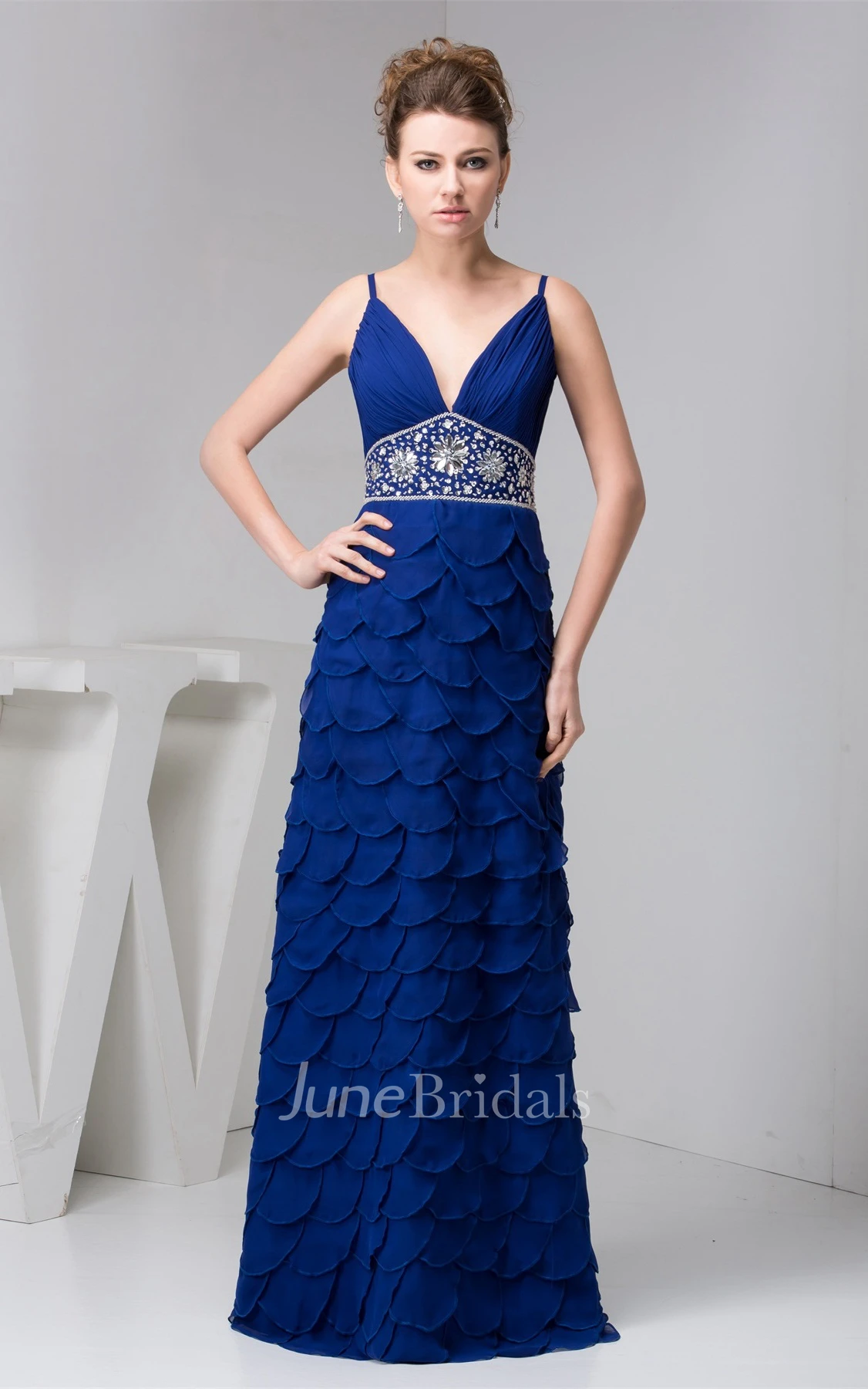 Plunged Spaghetti-Strap Floor-Length Dress with Layers and Beaded Waist