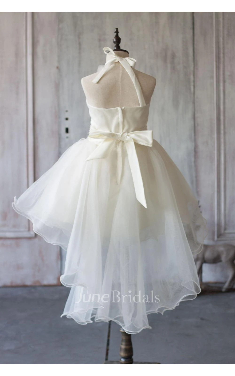 Off White a Line Asymmetric Halter Neck Flower Girl Dress With Beading Rosette
