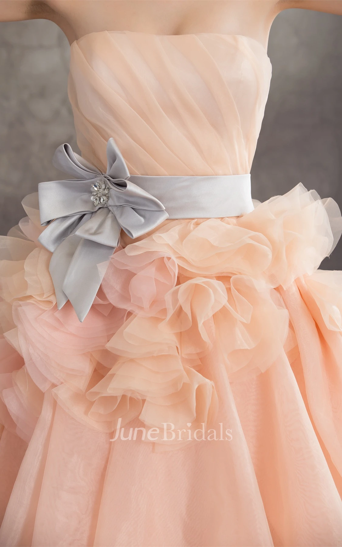 Strapless Ruched Pick-Up Gown with Ruffles and Bow