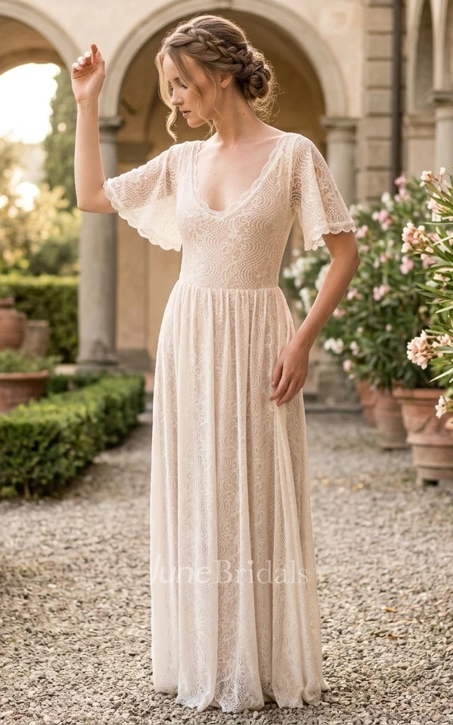 Modest Boho Beach A-Line Lace Short Butterfly Sleeves Spring Wedding Dress Simple Casual Maxi Scoop Neck Bridal Gown