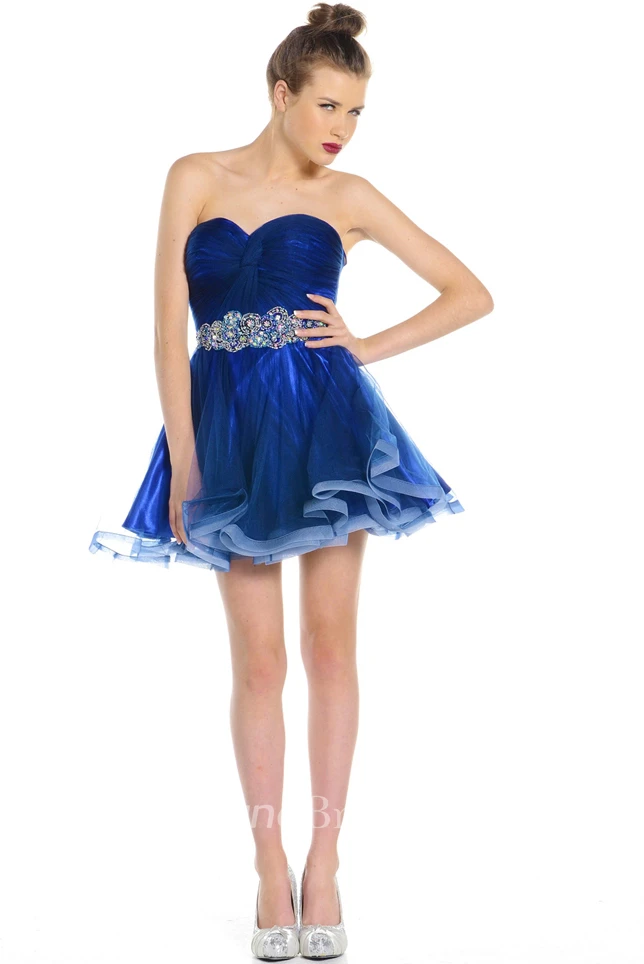 Mini A-Line Jeweled Sweetheart Sleeveless Organza Prom Dress
