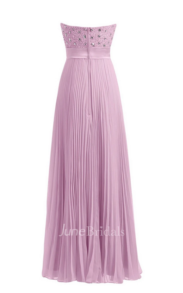 Strapless Empire Long Pleated Dress With Rhinestones