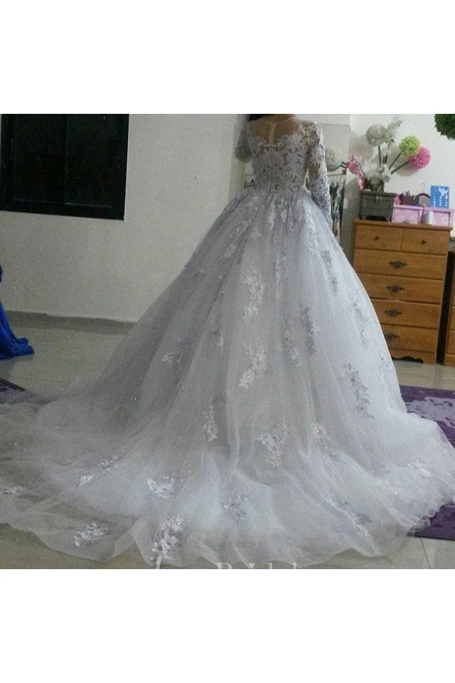 Glamorous Illusion Tulle Lace Appliques Wedding Dress Long Sleeve Zipper