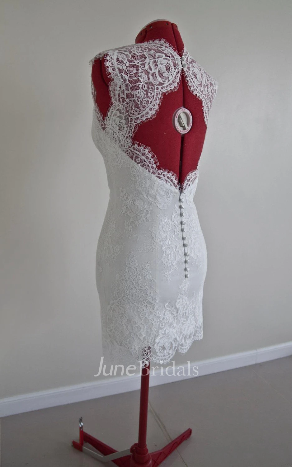 Custom Knee Length Wedding Dress With Queen Anne Neck and Scalloped Keyhole Back