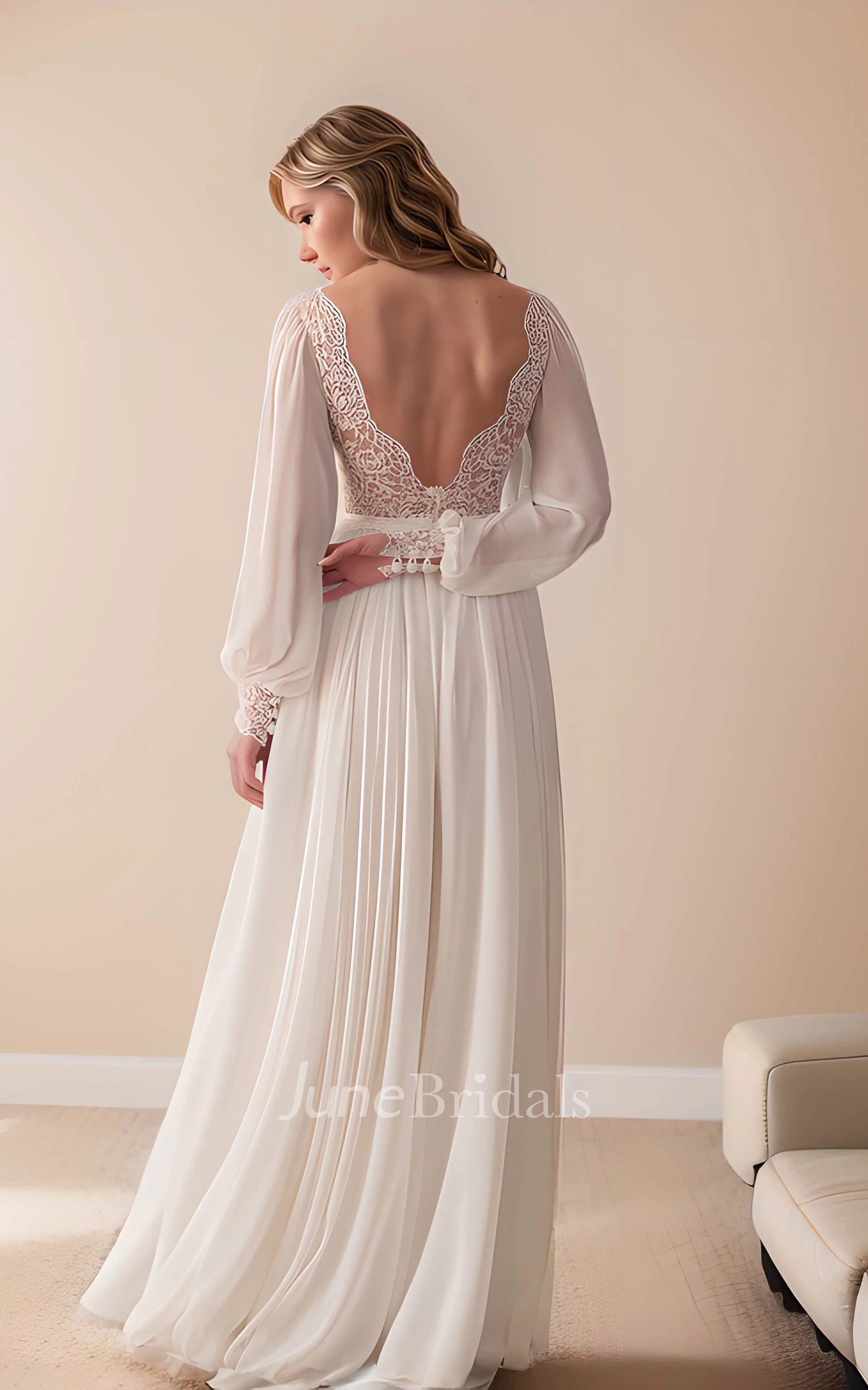 Vintage Long Sleeve Flower Lace A-Line Split Plunging Neckline Floor-length Winter Wedding Dress