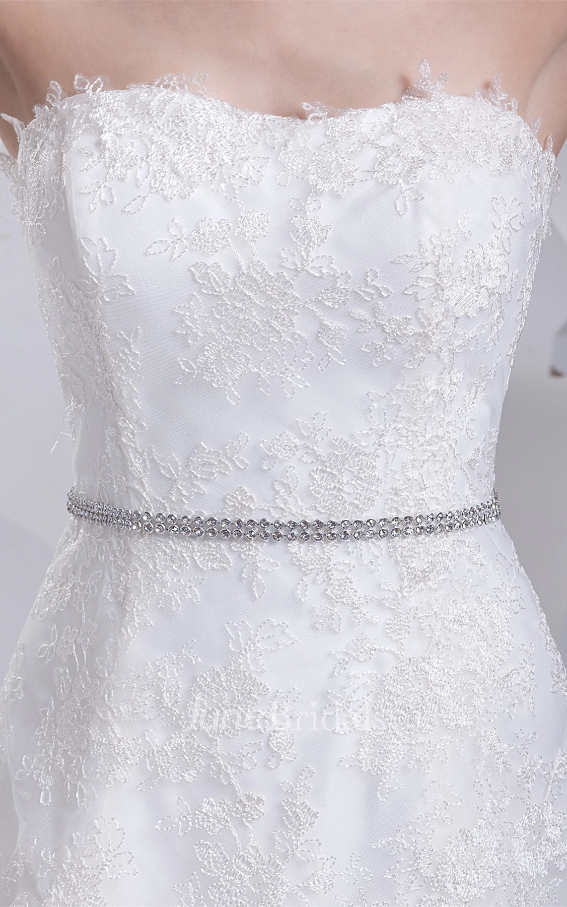 Strapless Appliqued A-Line Gown with Jeweled Waist