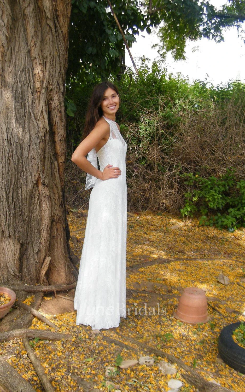 Ivory Long Chiffon White Lace Wedding Dress