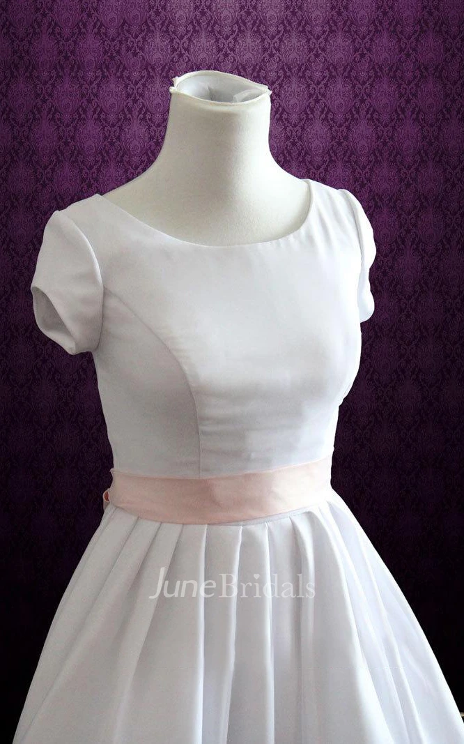 Simple Jewel Neck Cap Sleeve Dress With Sash And Bow