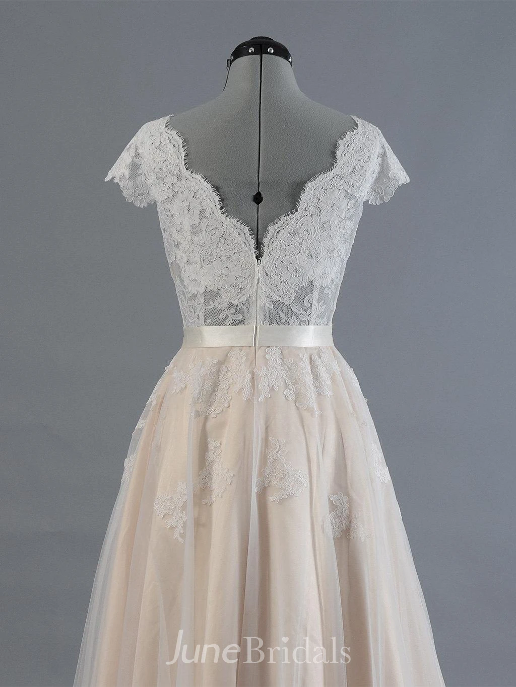 Cap Sleeve V-Neck Lace Wedding Dress With Tulle Skirt and V-Back