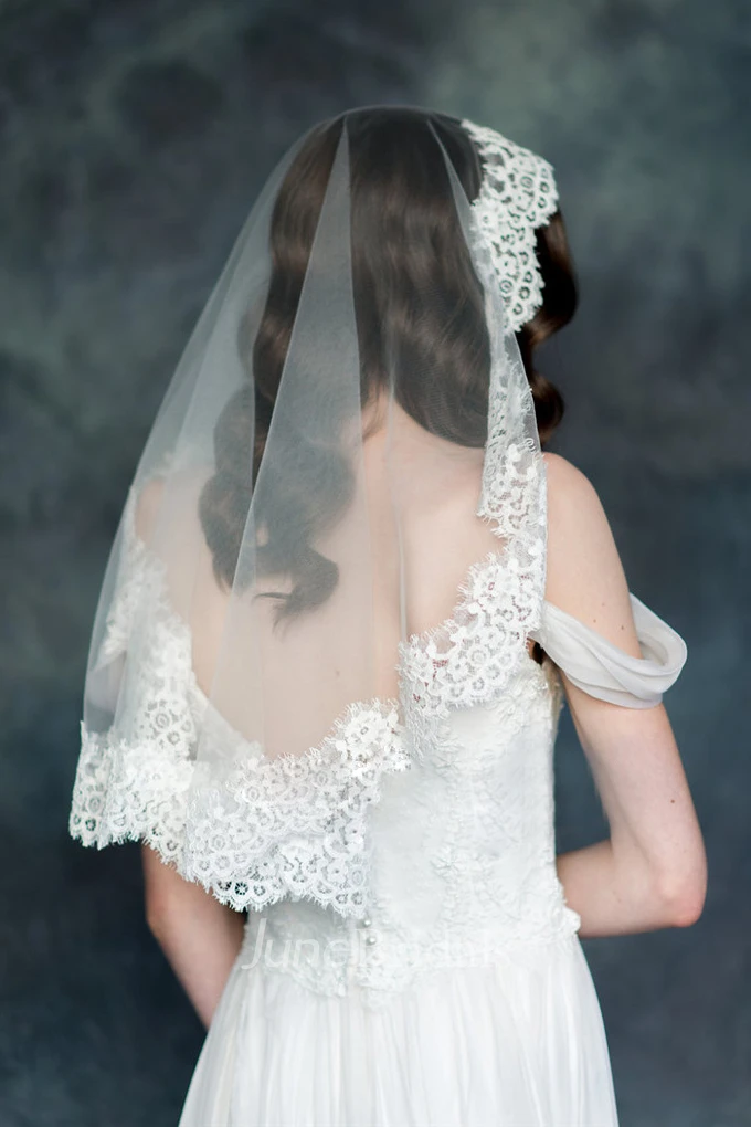 Short Cute Wedding Veil with Lace Appliques