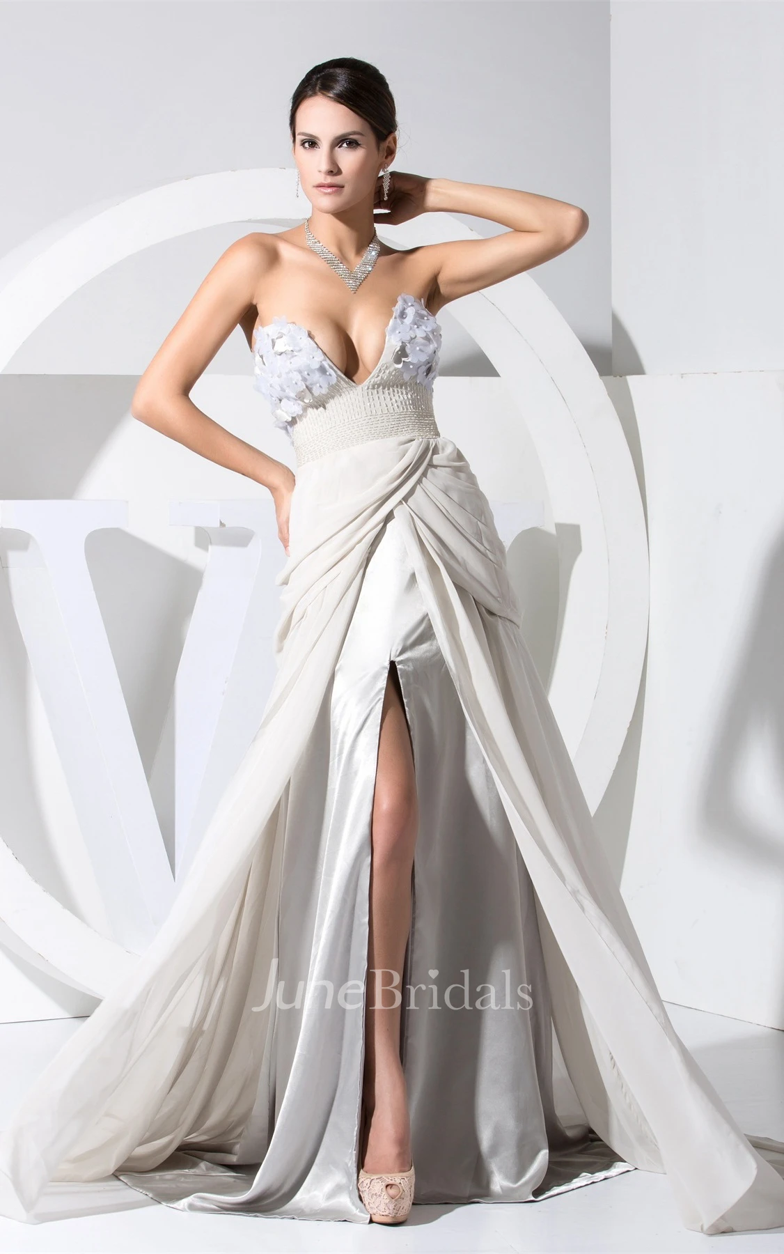 Sexy Plunged Front-Split Dress with Flower and Beaded Waist