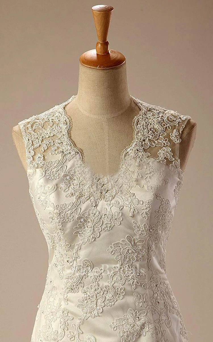 V-Neck Sleeveless Sheath Satin Wedding Dress With Appliques And Keyhole Back