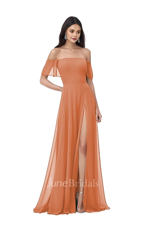 Bohemian A-Line Off-the-shoulder Chiffon Bridesmaid Dress with Split Front
