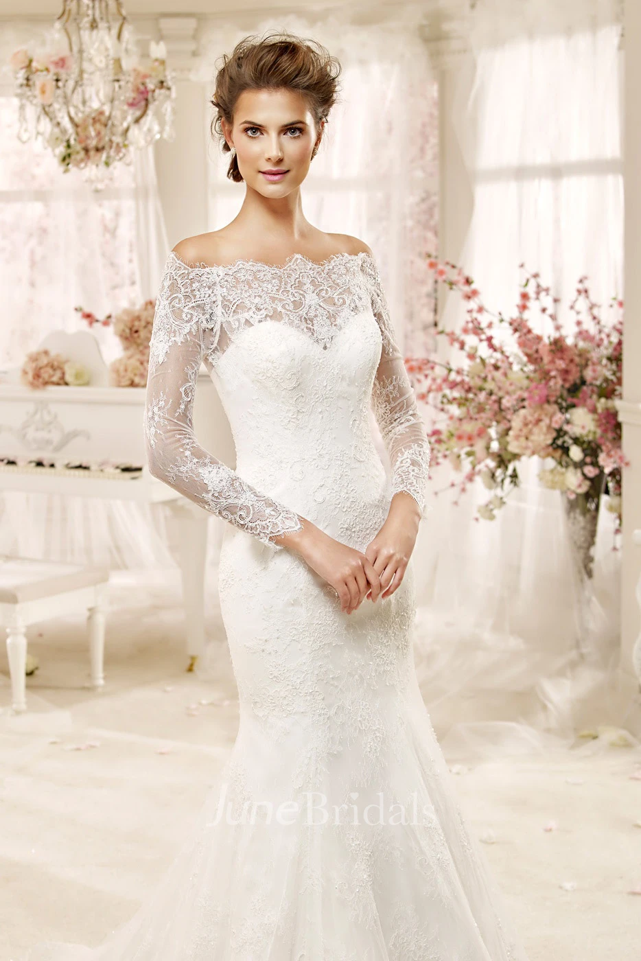 Off-shoulder Sheath Wedding Dress with Long Sleeves and Illusive Design