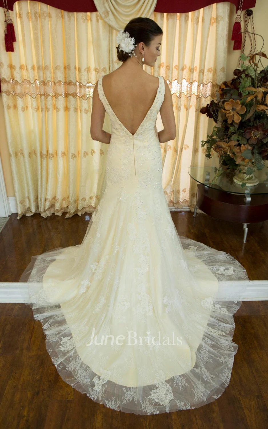 A-Line Off-The-Shoulder V-Neck Lace Dress With Beading Low-V Back