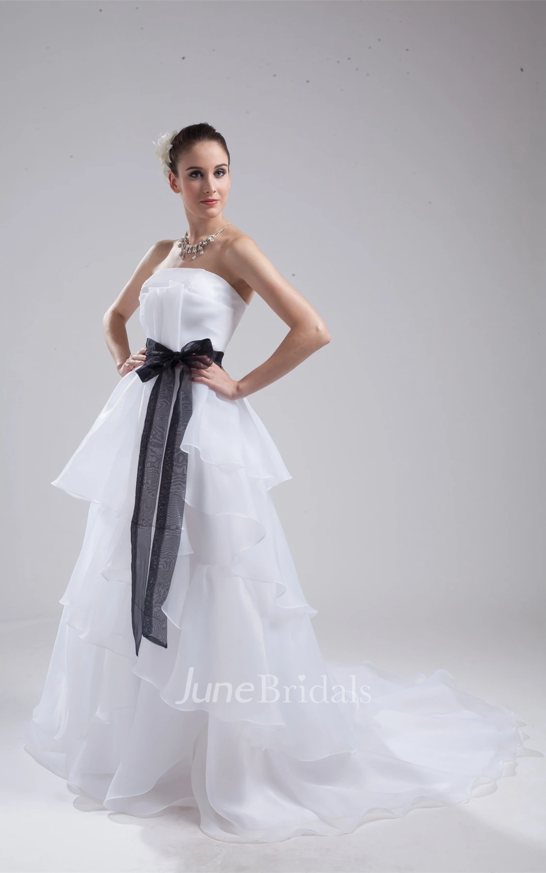 Strapless A-Line Ruched Dress with Ruffles and Ribbon
