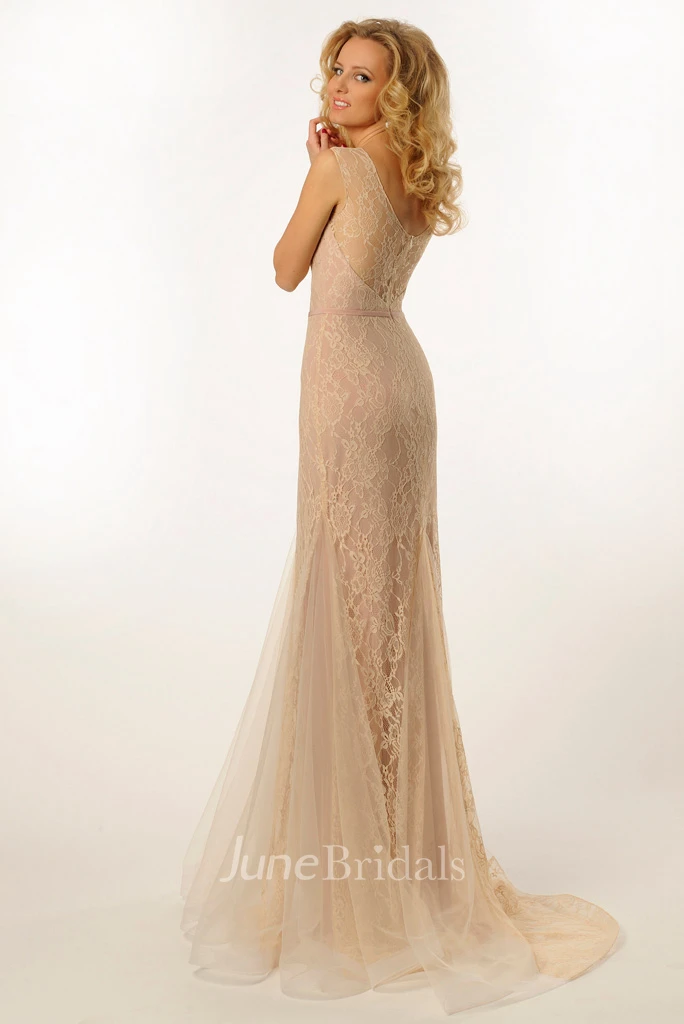 Sheath Scoop-Neck Sleeveless Long Tulle&Lace Prom Dress