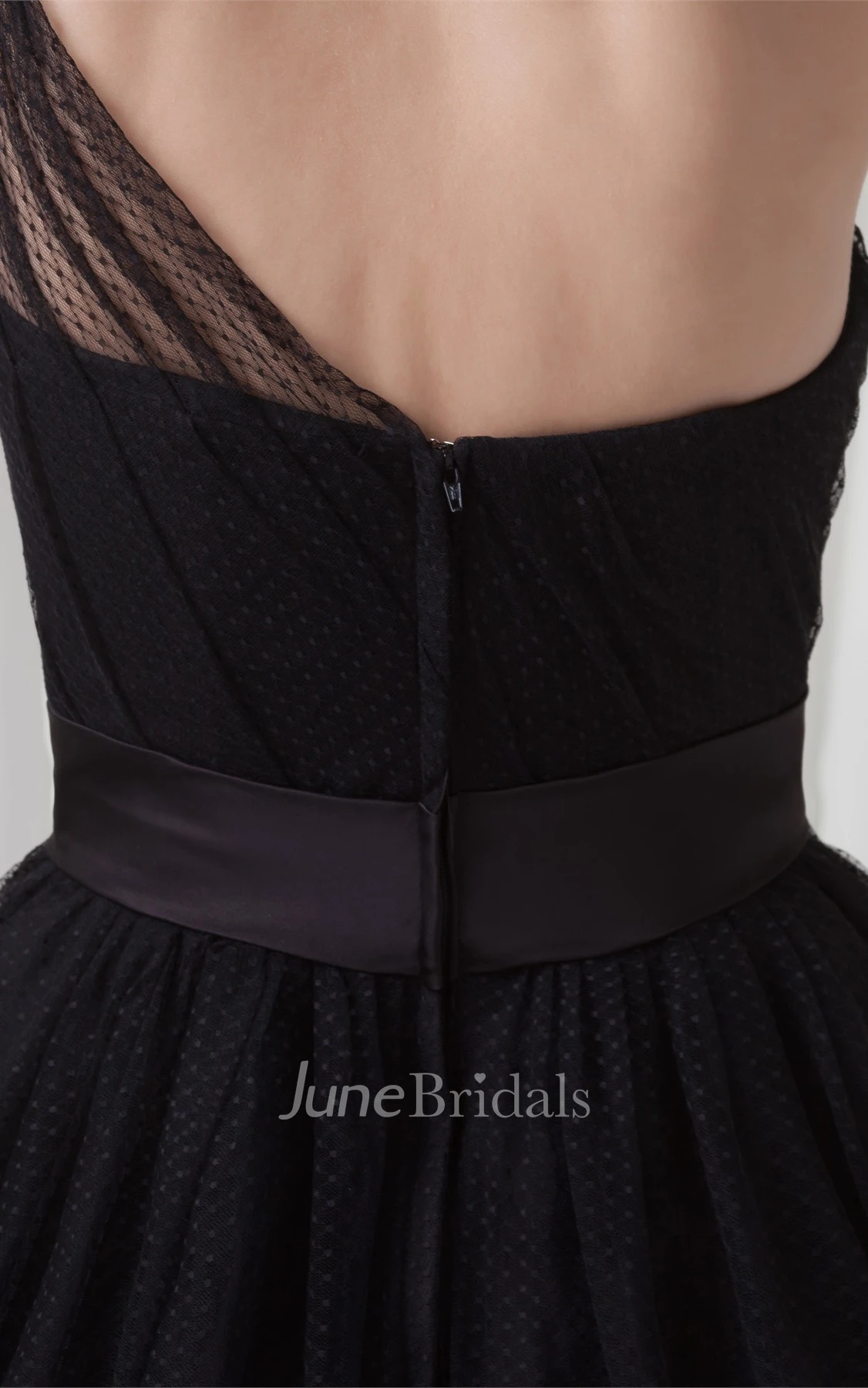 One-Shoulder A-Line Tulle Tea-Length Dress with Ruching