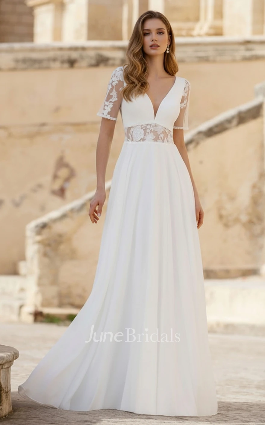 Elegant A-Line Wedding Dress with Lace Short Sleeves and V-Neck Simple Modern Chiffon Bridal Gown for Garden Ceremony