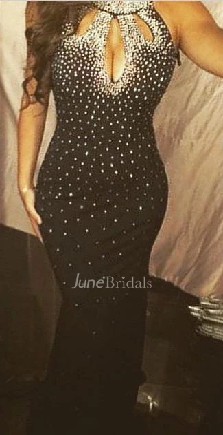 Sexy Halter Mermaid Black Prom Dress Sleeveless With Beadings