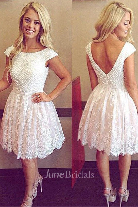 A-line Bateau Short Sleeve Beading Pleats Short Mini Lace Homecoming Dress