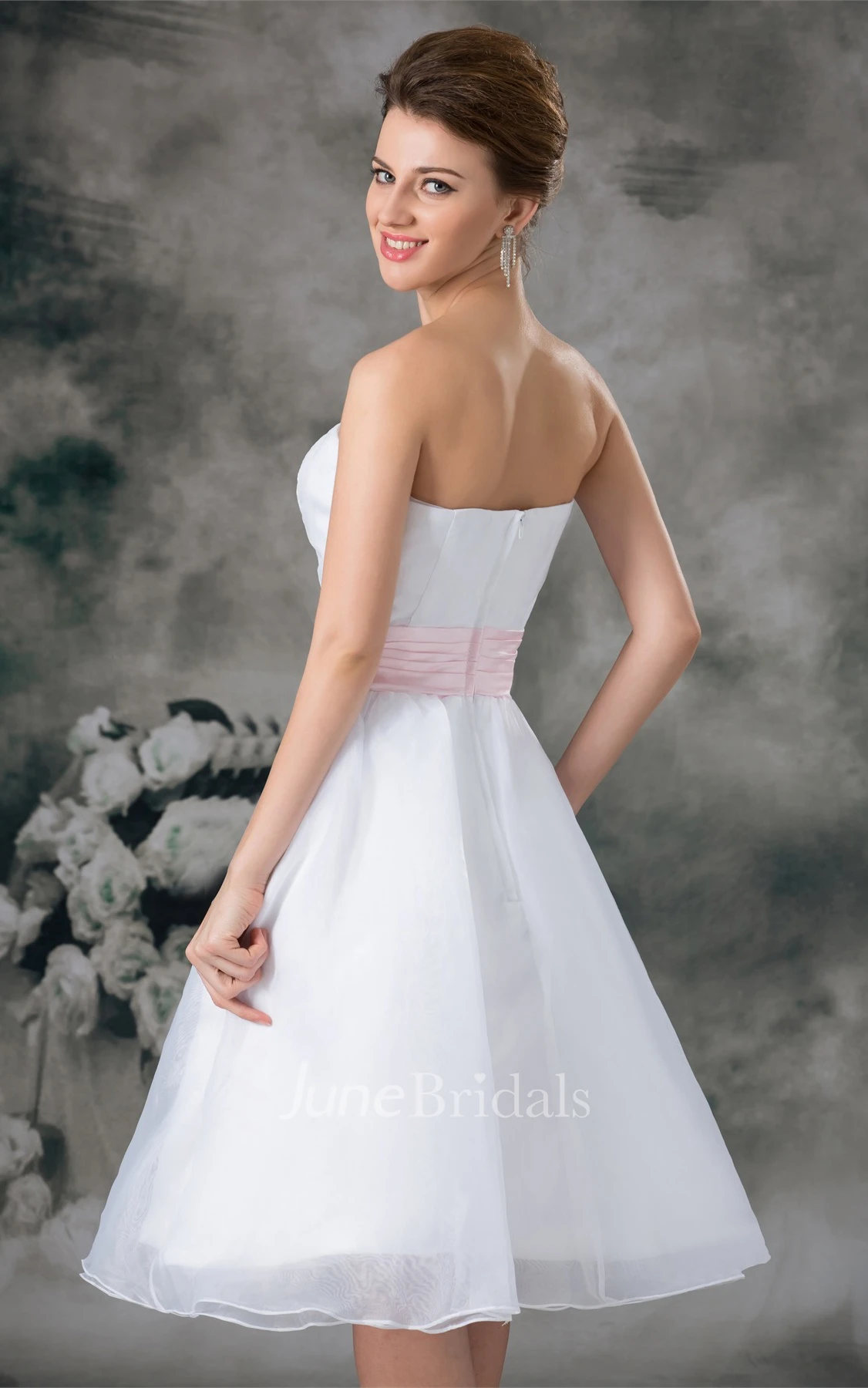 strapless tea-length a-line dress with zipper back and bow