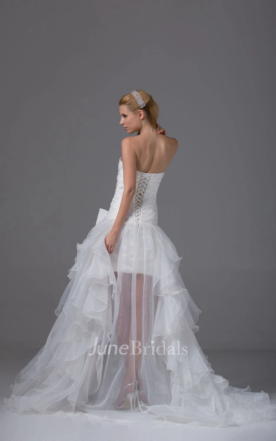 Strapless High-Low Organza Dress With Bow and Ruching