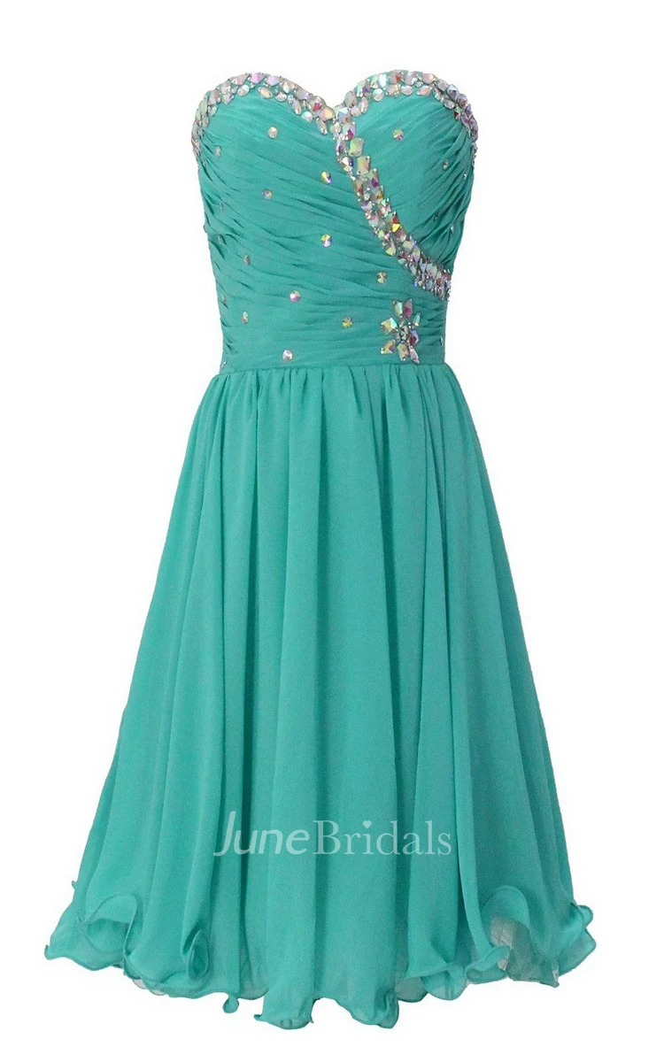 Strapless Sweetheart Ruffled Short Dress With Rhinestones