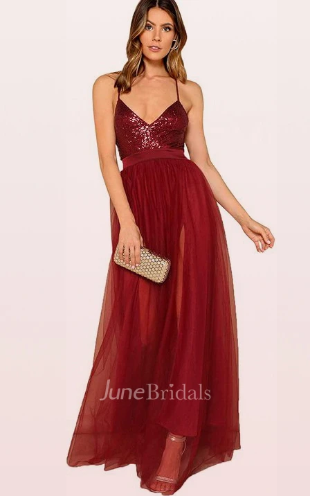 Modern Sheath Plunging Neckline Spaghetti Sleeveless Prom Dress with Split Front