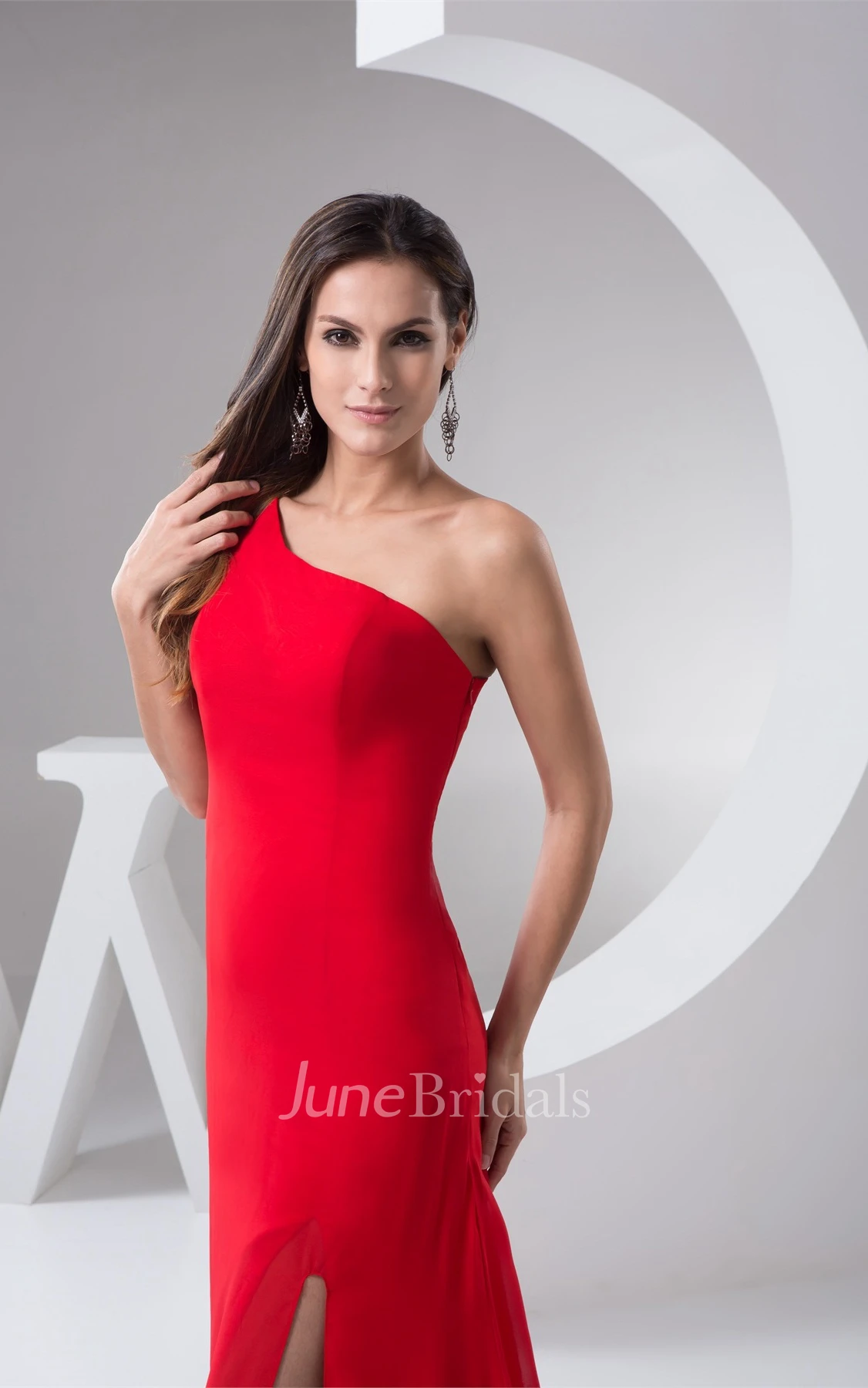 One-Shoulder Front-Split Sheath Dress with Brush Train