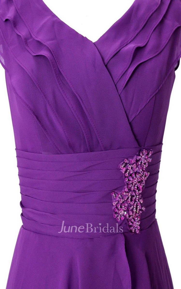 Cap-sleeved Tiered Long Chiffon Dress With Sequins