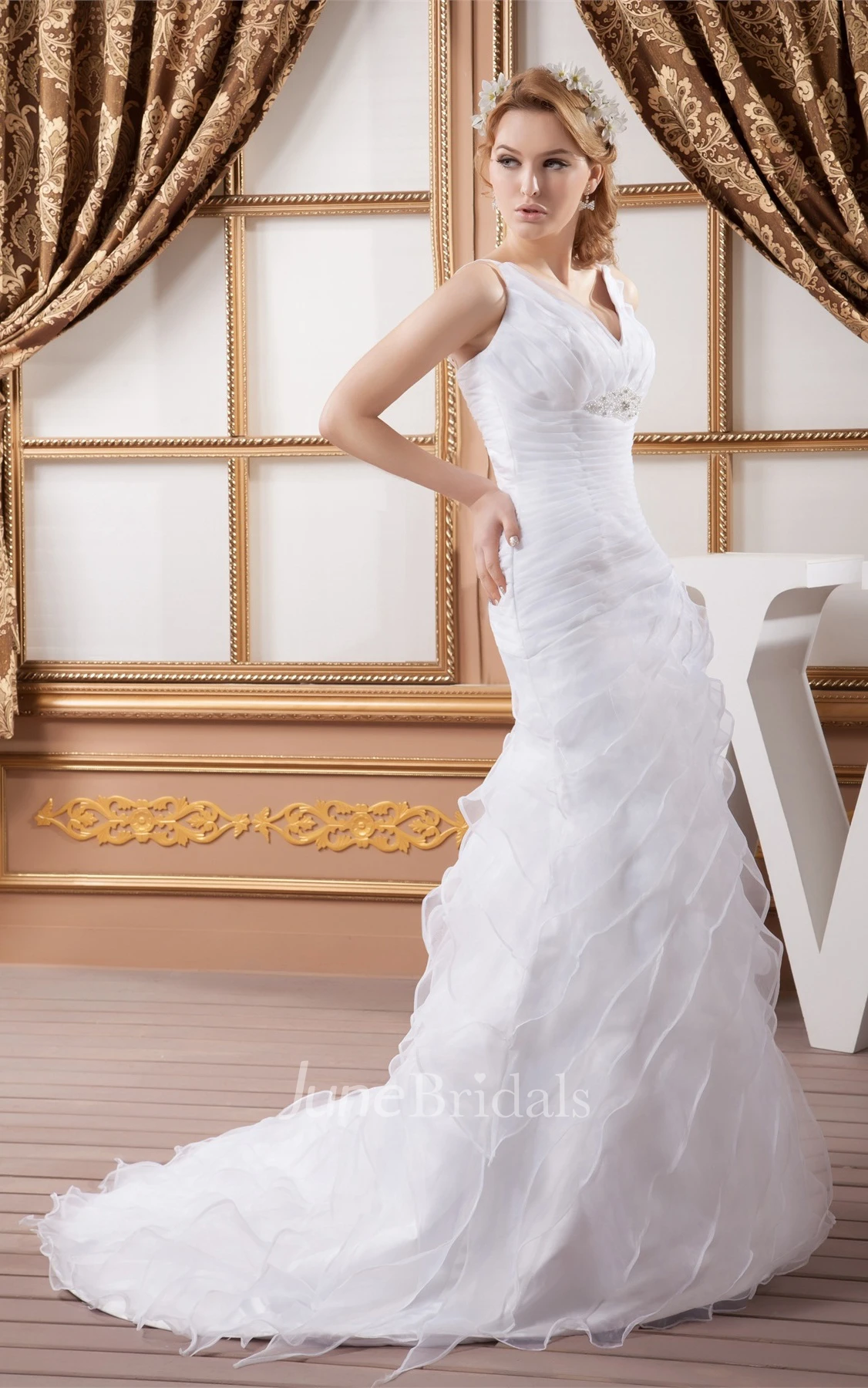 Plunged Criss-Cross A-Line Dress with Broach and Side Draping