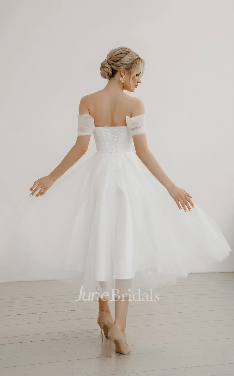1950s Tea Length Wedding Dress A-Line Off-the-Shoulder Tulle Gown with Coset Back for Civil Ceremony