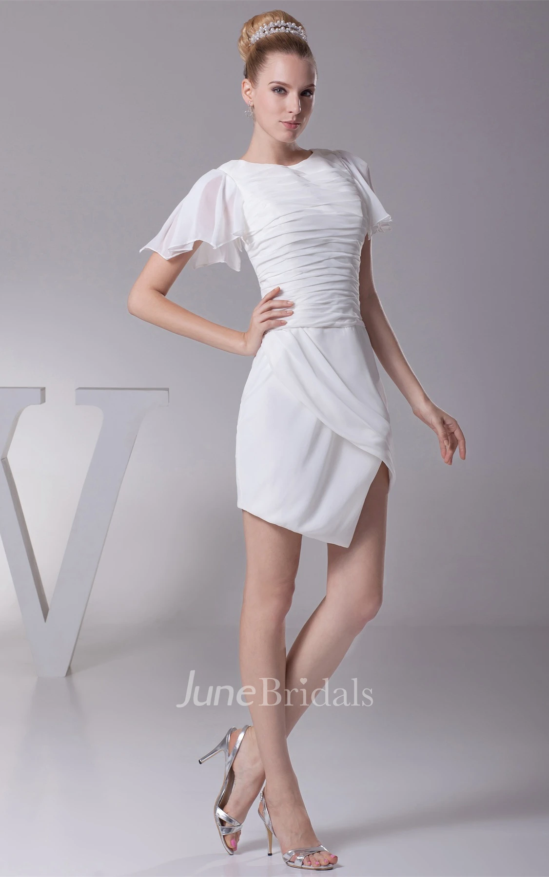 Short-Sleeve Chiffon Pencil Mini Dress with Ruched Top