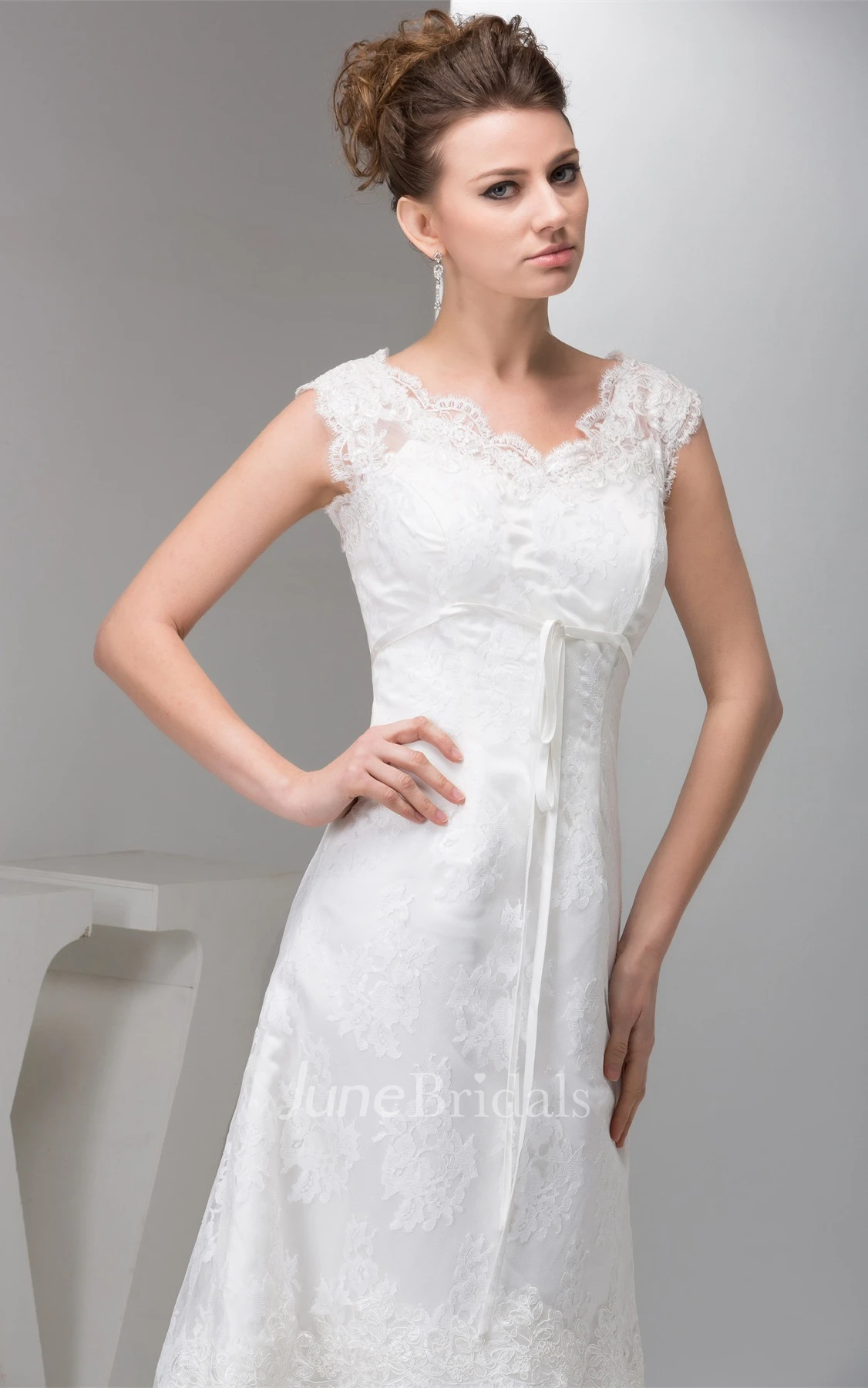 Caped-Sleeve Lace A-Line Gown with Low-V Back
