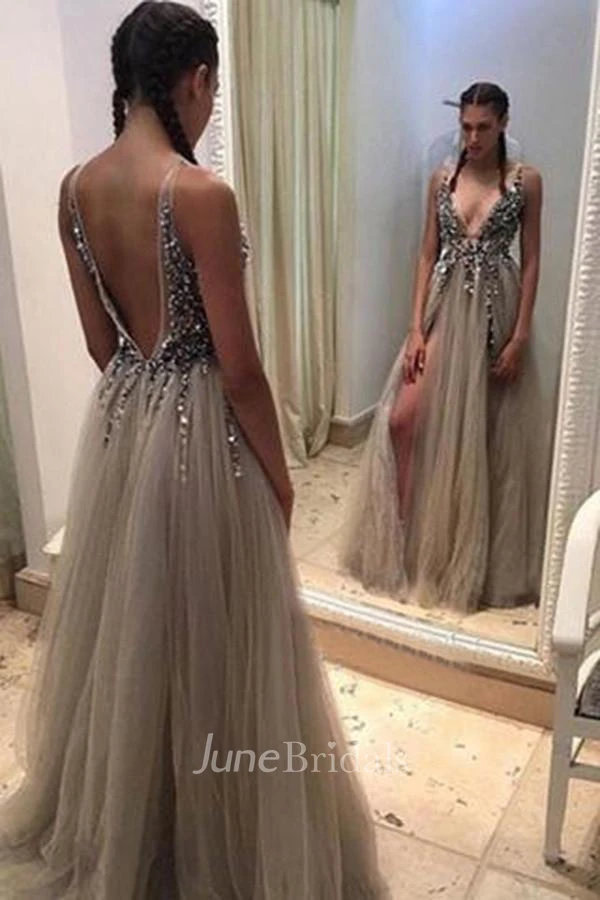 Deep V-neck Backless Split Sweep Train Prom Dress with Beading