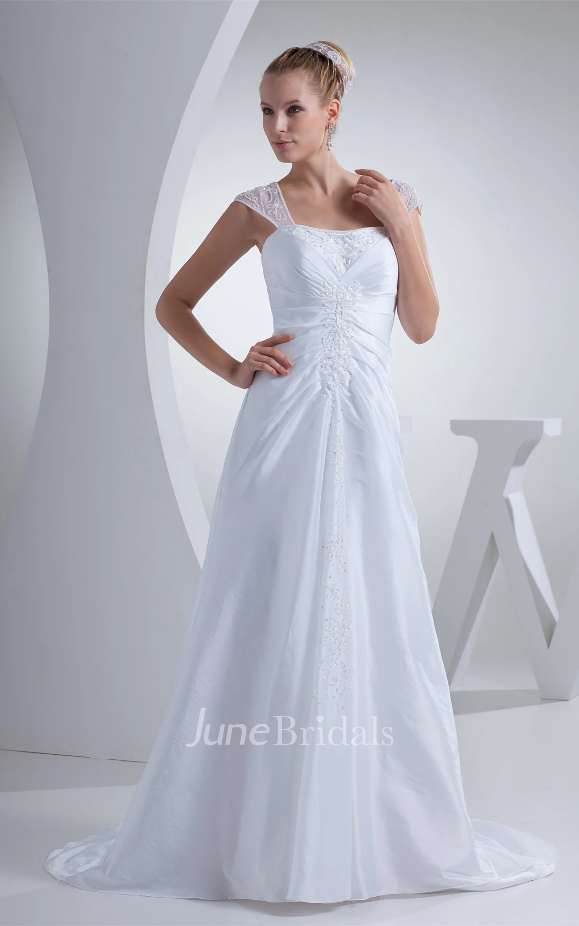 Caped-Sleeve Central-Ruched A-Line Dress with Beading and Sweep Train