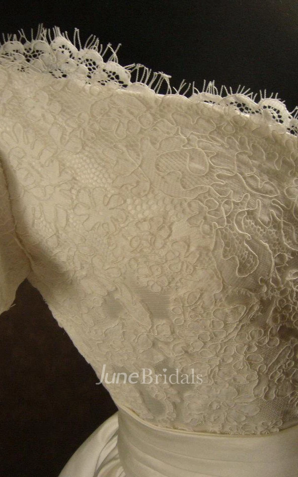 Hand Made V-Neck Satin Ball Gown With Gathered Skirt and Lace Bodice