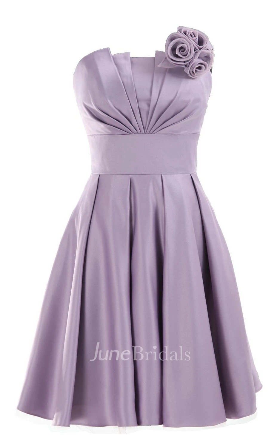 Strapless Appliqued Ruched Bodice Short Pleated Satin Dress