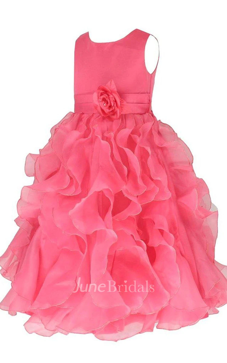 Sleeveless A-line Ruffled Dress With Flower and Bow