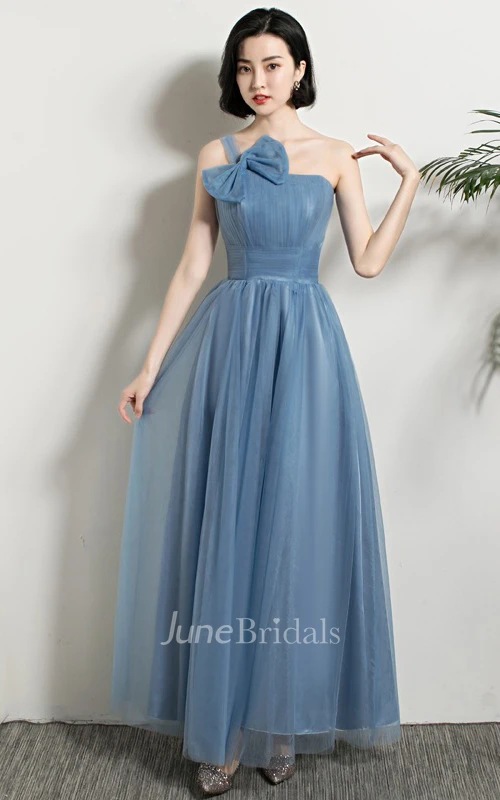 Elegant Tulle Off-the-shoulder V-neck One-shoulder A Line Formal Dress With Ruching