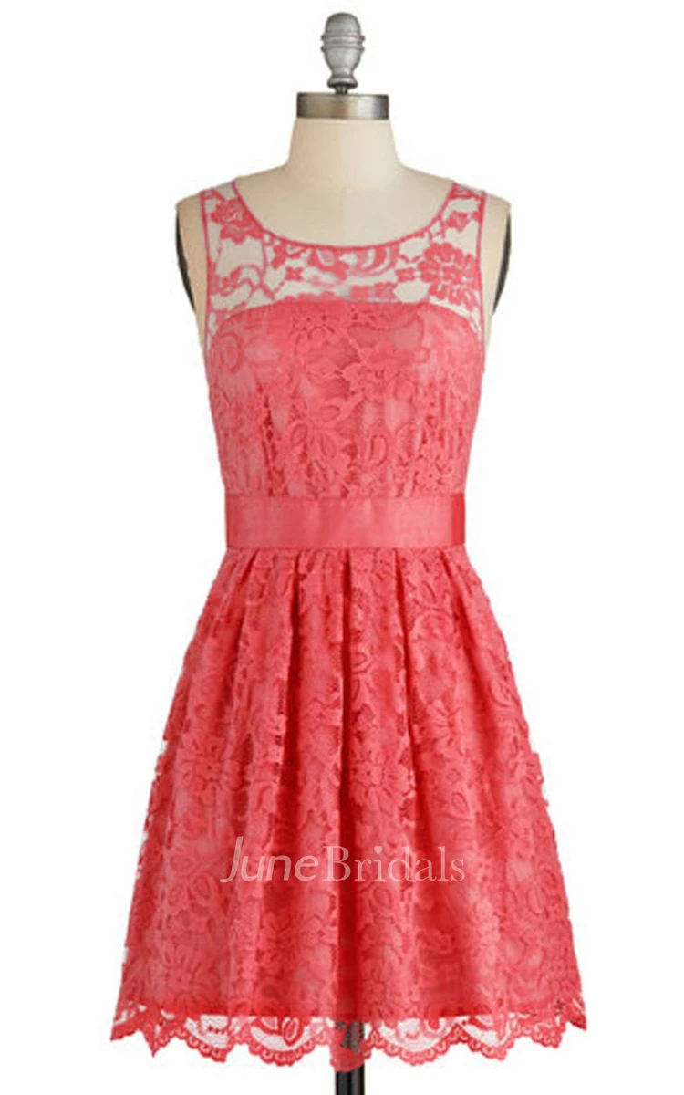 Scoop Neckline Lace Bridal Dress With Belt