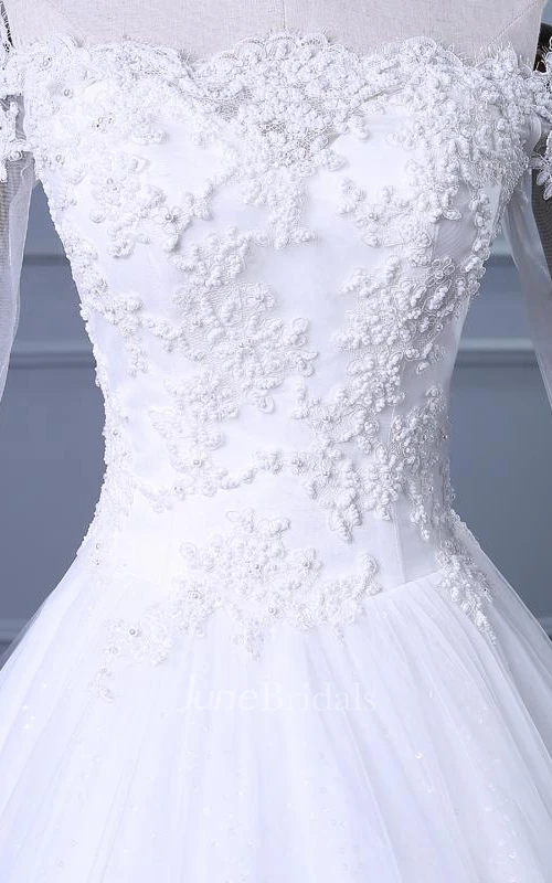 A-Line Ball Gown Tea-Length Off-The-Shoulder One-Shoulder Straps Long Sleeve Beading Appliques Brush Train Straps Tulle Lace Sequins Satin Dress